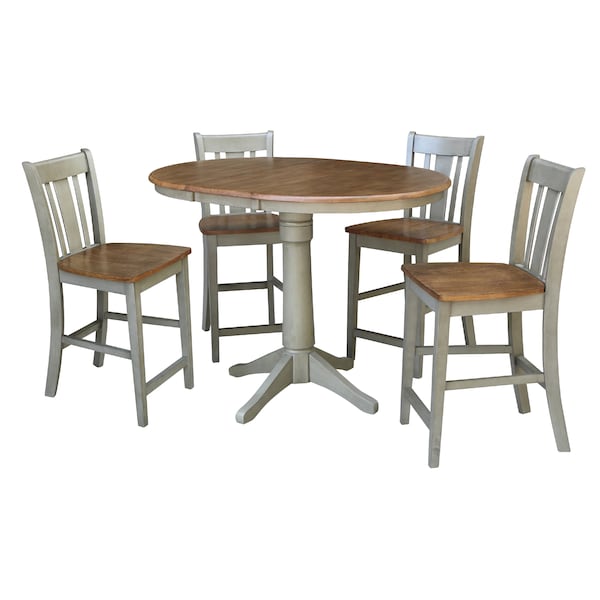 International Concepts Round 36 in Rd Extend Dining Table, 4 San Remo Counter Ht Stools, Hickory/Stone, 36 W, 48 L, Wood K41-36RXT-27B-S102-4 - main